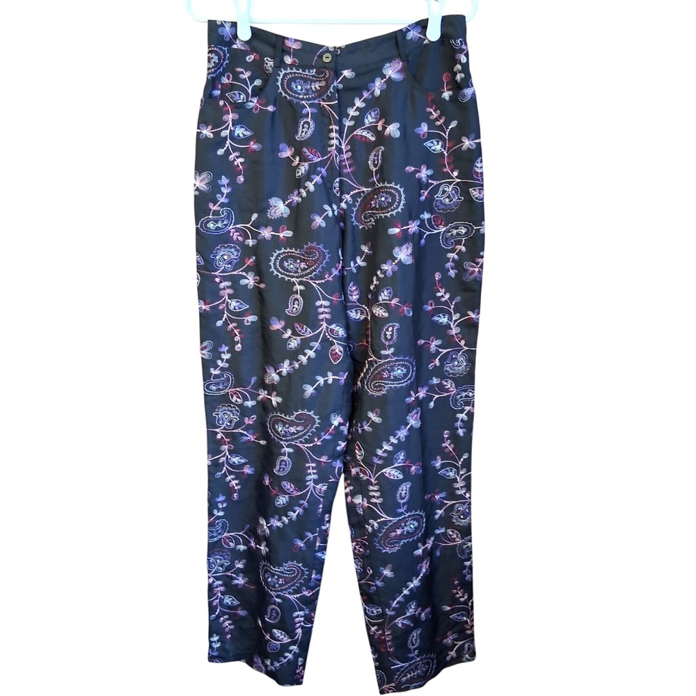 Vintage 90s‎ Silkland 100 Silk Embroidered Paisley Pants Black Sz 10 EUC